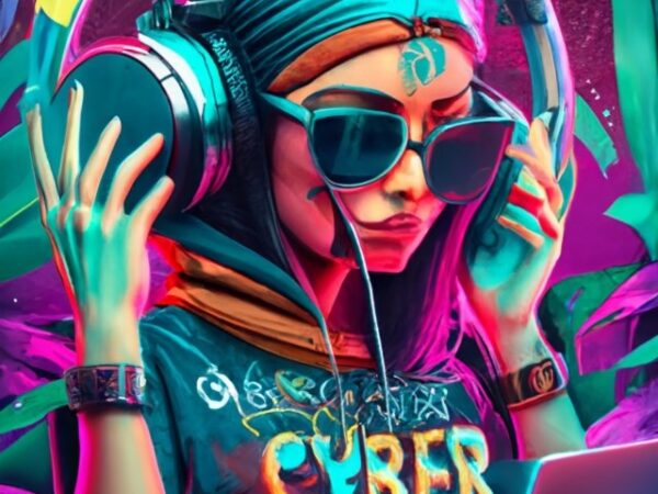 T-shirt design of cyber gypsy in paradise, headphones mic and laptopr text “cyber” “gypsy” png file