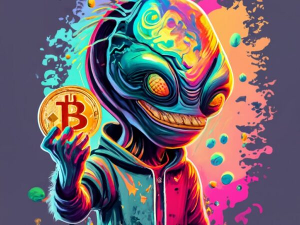 T-shirt design,xenomorph holding stole bitcoin in hand, anime png file