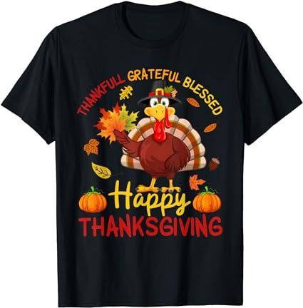 Thankful grateful blessed thanksgiving shirt cute turkey kid t-shirt