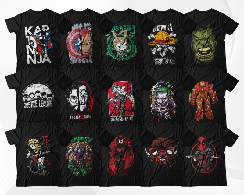 Mixed T-Shirt Designs Bundle 1 | Anime Designs Bundle | Streetwear Designs | T-Shirt Designs PNG Bundle | Super Hero Designs | DTF | DTG