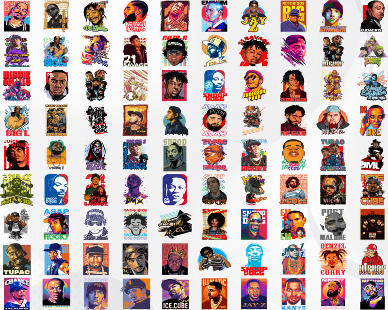 94 Famous Rappers T-Shirt Designs | Hip-Hop Artist T-Shirt Design | Streetwear Design | Sublimation Design | Screen Printing | Digital Files