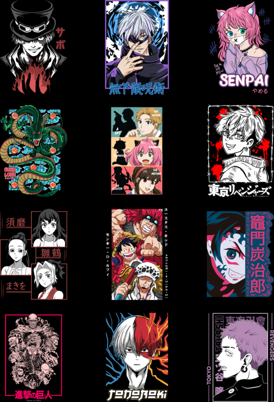 76 Anime Design Bundle Collection | T-Shirt Pod Designs | Streetwear T-Shirt Design Bundle | DTG | DTF and Sublimation Print