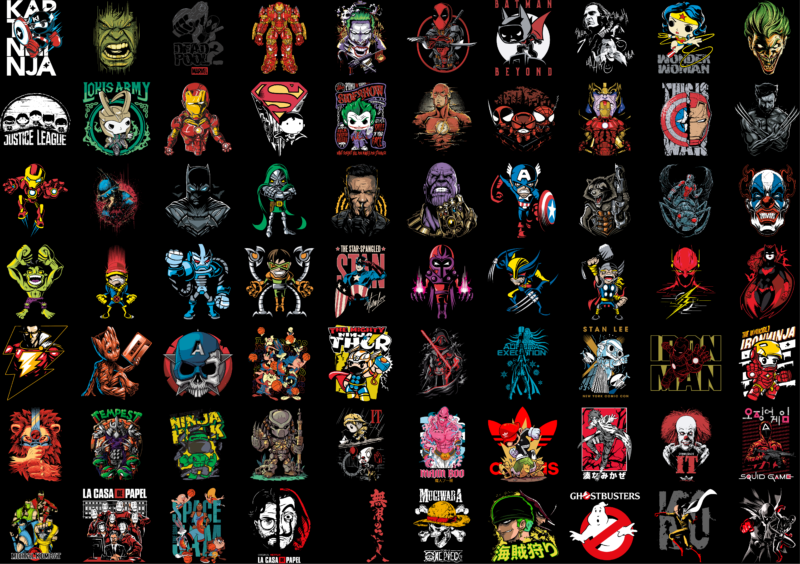 Mixed T-Shirt Designs Bundle 1 | Anime Designs Bundle | Streetwear Designs | T-Shirt Designs PNG Bundle | Super Hero Designs | DTF | DTG