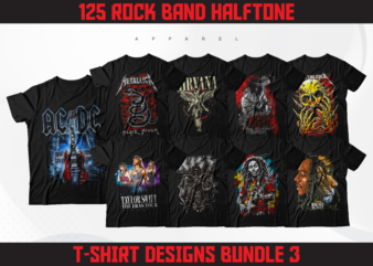 125 Rock Band Halftone T-Shirt Designs | Rock Metal Band Designs | Classic Rock Band Designs | PNG T-Shirt Designs Bundle | DTF | DTG