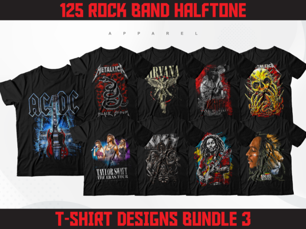 125 rock band halftone t-shirt designs | rock metal band designs | classic rock band designs | png t-shirt designs bundle | dtf | dtg