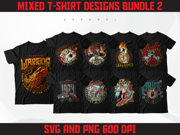 Mixed t-shirt designs bundle 2 | car designs | streetwear designs bundle | summer designs | money hustle designs | viking designs