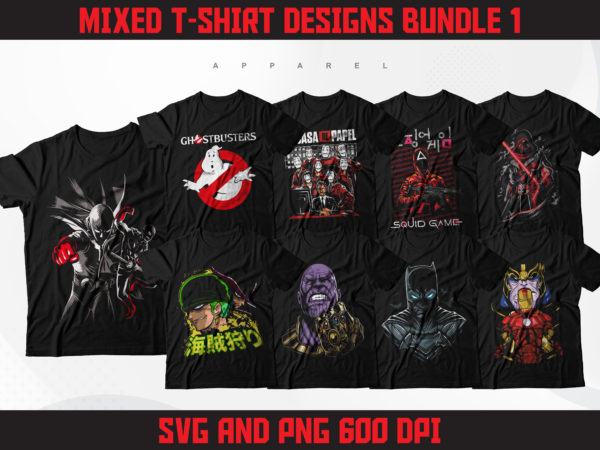 Mixed t-shirt designs bundle 1 | anime designs bundle | streetwear designs | t-shirt designs png bundle | super hero designs | dtf | dtg