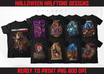 35 halloween halftone t-shirt designs bundle | horror classic t-shirt designs | t-shirt designs bundle |streetwear design bundle | dtf | dtg