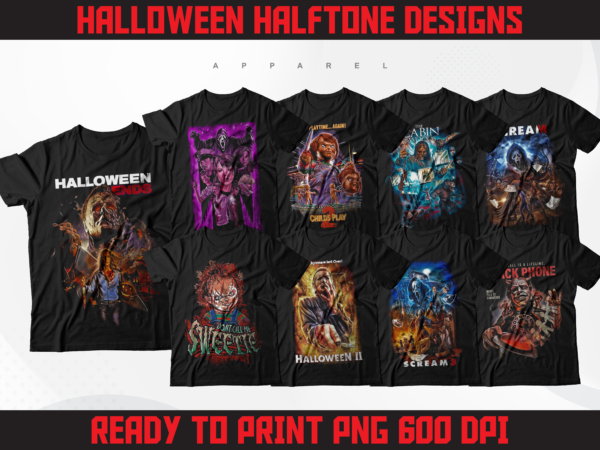 35 halloween halftone t-shirt designs bundle | horror classic t-shirt designs | t-shirt designs bundle |streetwear design bundle | dtf | dtg