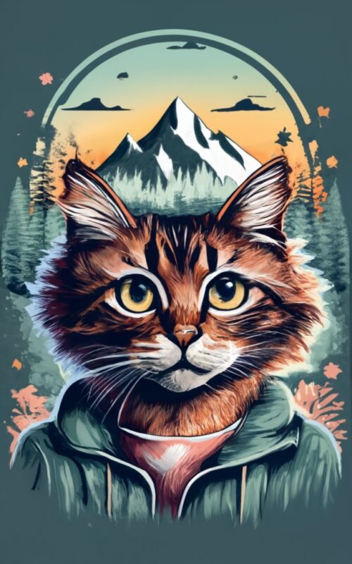 Tshirt design – Double exposure of a cat and a mountain, natural scenery, watercolor PNG File