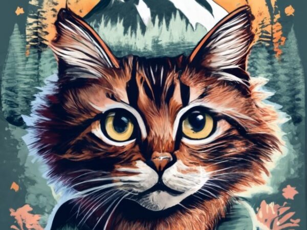 Tshirt design – double exposure of a cat and a mountain, natural scenery, watercolor png file