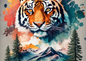 Tshirt design – Double exposure of an Tiger and a mountain, natural scenery, watercolor art PNG File