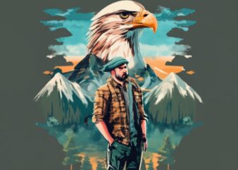 Tshirt design – Double exposure of an eagle and a mountain, natural scenery, watercolor art PNG File