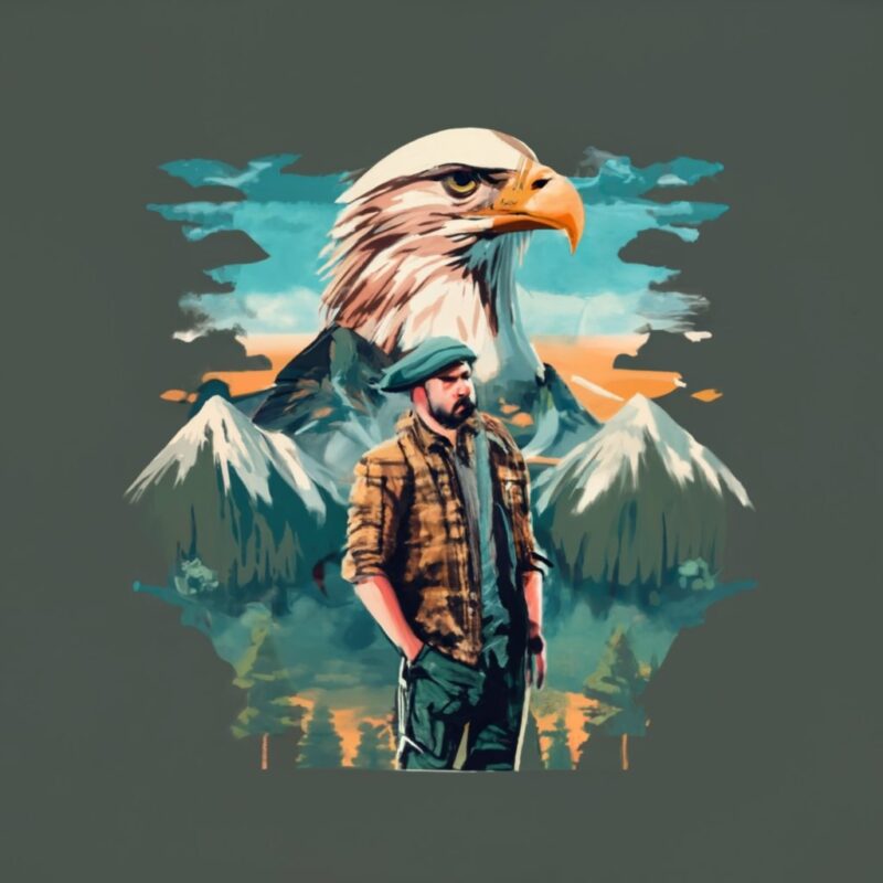 Tshirt design – Double exposure of an eagle and a mountain, natural scenery, watercolor art PNG File