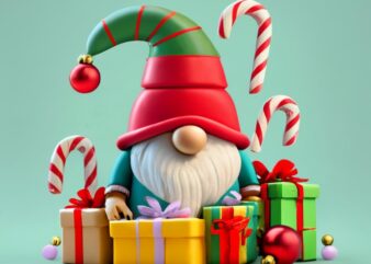 Tshirt design of a cute cartoon style christmas gnome “Niel” sitting amongst wrapped presents PNG File