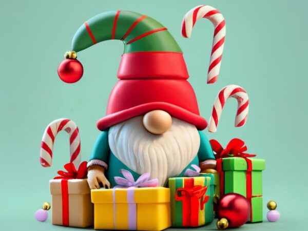 Tshirt design of a cute cartoon style christmas gnome “niel” sitting amongst wrapped presents png file