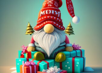 Tshirt design of a cute cartoon style christmas gnome sitting amongst wrapped presents, 3d render, on white background for t-shirt design wi