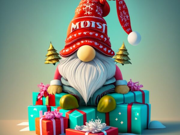 Tshirt design of a cute cartoon style christmas gnome sitting amongst wrapped presents, 3d render, on white background for t-shirt design wi