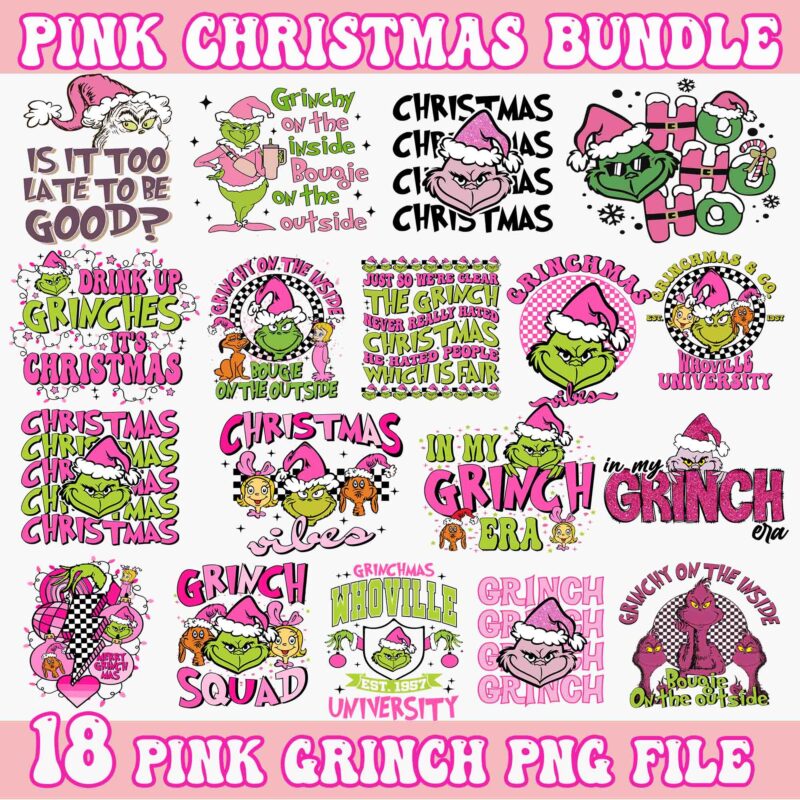 18 Pink Grinch Christmas Bundle, Grinch Bundle Png, Pink Christmas Bundle, Pink Grinch Bundle