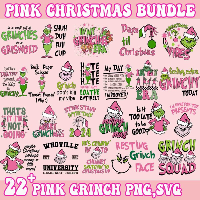 22 retro pink christmas svg png bundle, grinch bundle svg , christmas svg bundle, pink grinch svg, pink grinch png, retro christmas svg