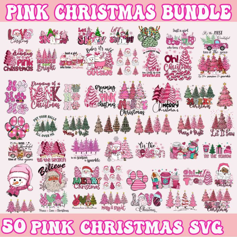 50 Pink Christmas Bundle, Pink Christmas Svg, Pink Winter Clipart, Pink Santa Svg, Christmas Vibes, Pink Santa Claus Svg, Tis The Season