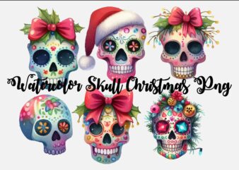 Watercolor Skull Christmas PNG Sublimation t shirt design for sale