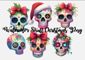 Watercolor Skull Christmas PNG Sublimation