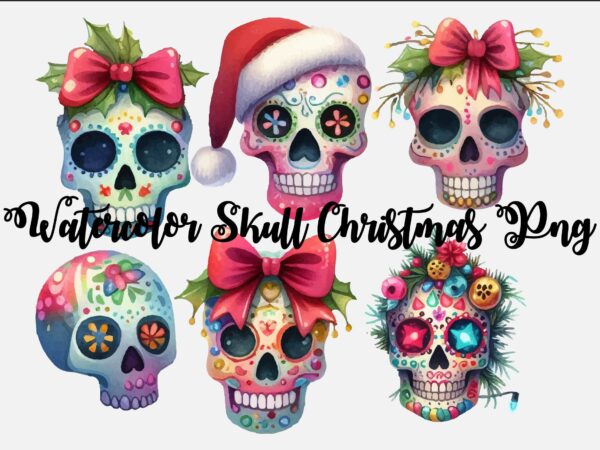 Watercolor skull christmas png sublimation t shirt design for sale