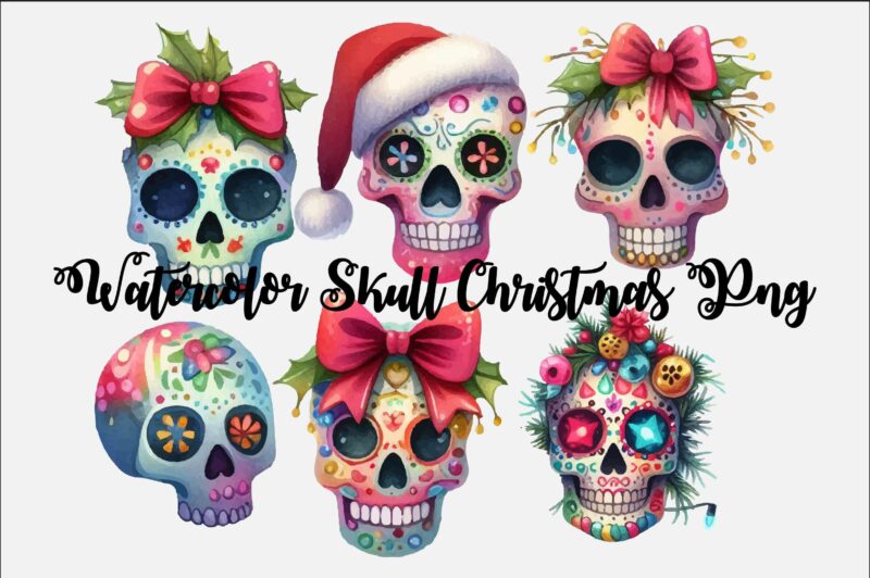 Watercolor Skull Christmas PNG Sublimation