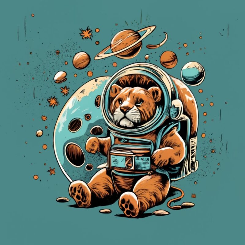 TSHIRT DESIGN INK STYLE teddy lion in outer space, fashion, painting PNG File