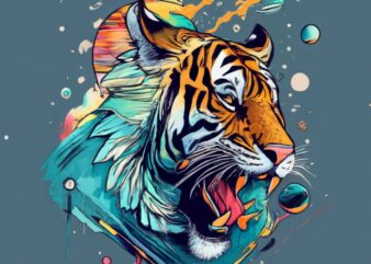 TSHIRT DESIGN INK STYLE tiger in outer space, painting, fashion PNG File