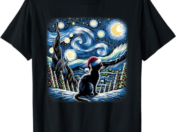 Van gogh starry night festive christmas black cat santa hat t-shirt png file