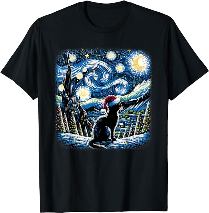 Van Gogh Starry Night Festive Christmas Black Cat Santa Hat T-Shirt PNG File
