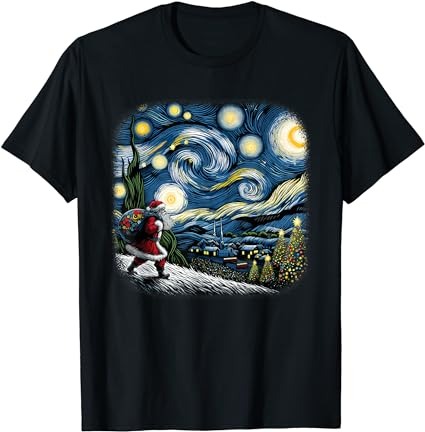 Van gogh starry night santa christmas winter snowy night t-shirt