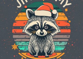 t-shirt design Vintage retro sunset distressed black style design, Christmas style, a cute raccoon wearing a santa hat, with text ” Jingle M