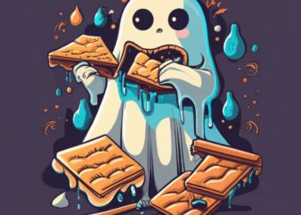 t-shirt design, a ghost eating ooey and gooey, dripping s’mores PNG File