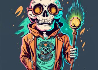 t-shirt logo design of a skeleton with magic staff PNG File