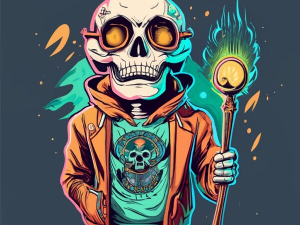 T-shirt logo design of a skeleton with magic staff png file