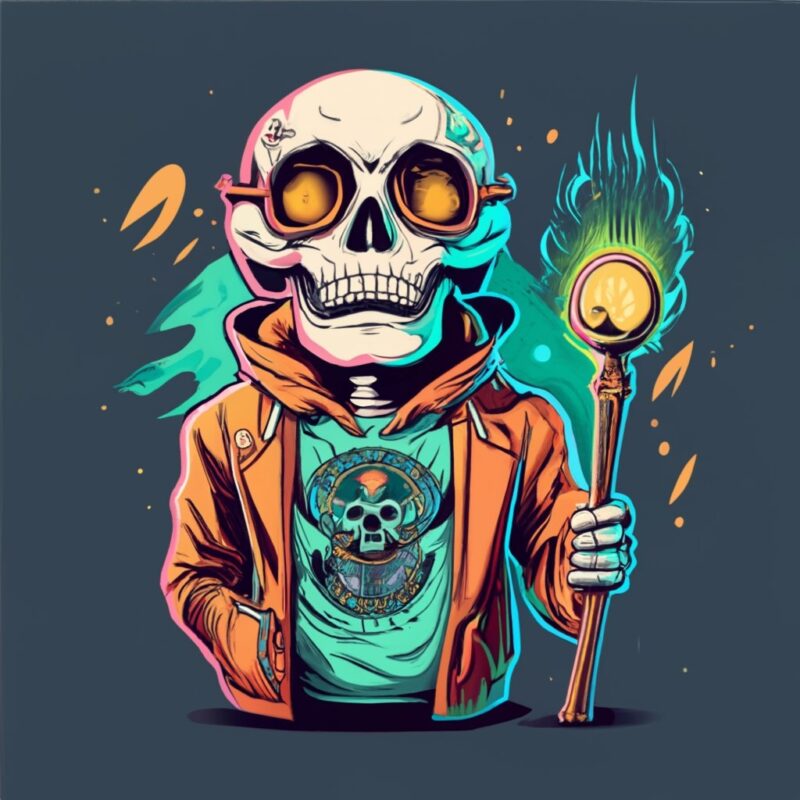 t-shirt logo design of a skeleton with magic staff PNG File