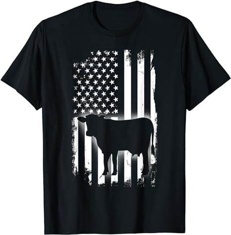 Vintage Cow American Flag Farm Animal Patriotic Farmer T-Shirt