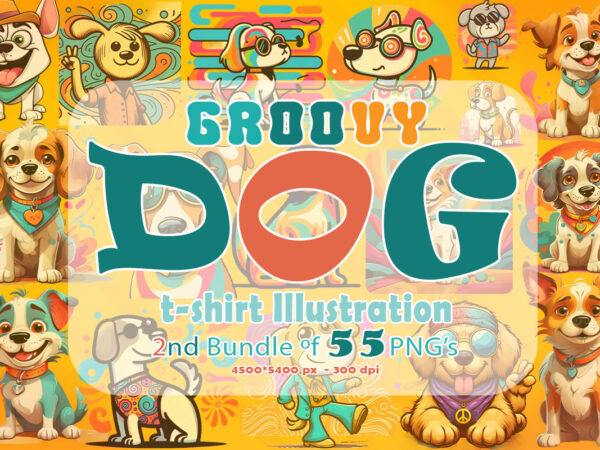 Groovy style dog clipart illustration bundle, specially curated for pod print on demand business t shirt design template
