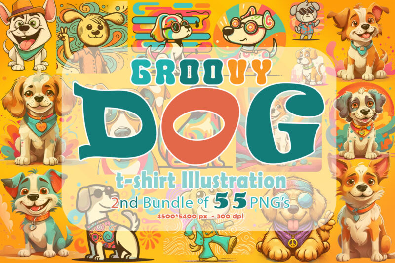 Groovy Style Dog Clipart Illustration Bundle, specially curated for POD Print on Demand Business