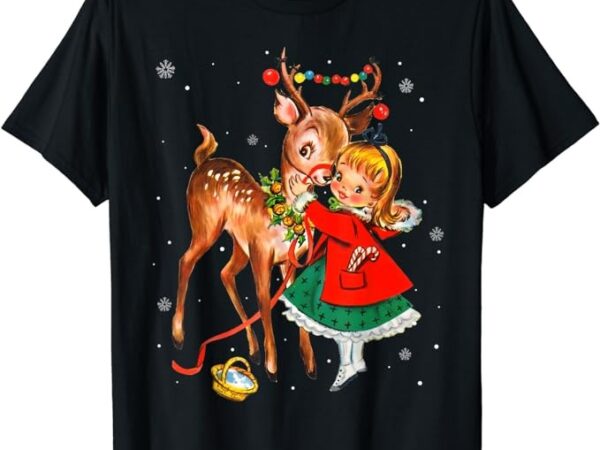 Vintage pin up little girl reindeer retro 1950s christmas t-shirt