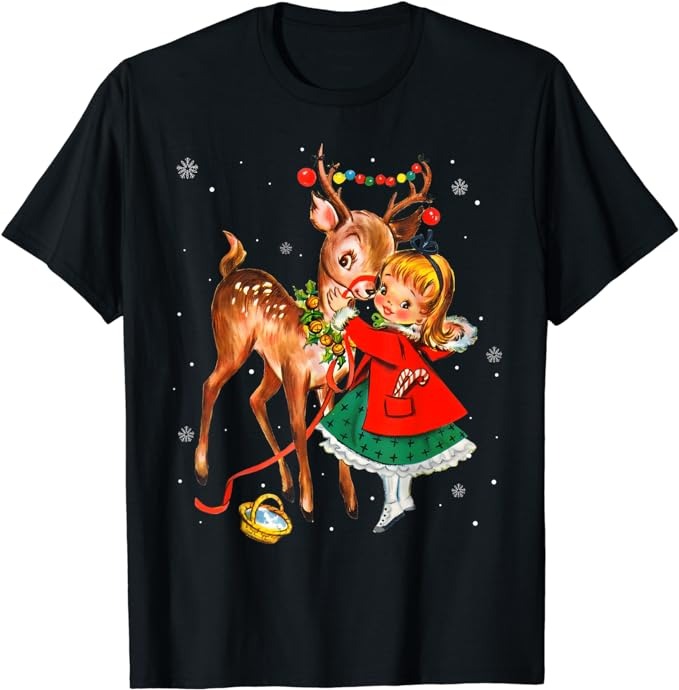 Vintage Pin Up Little Girl Reindeer Retro 1950s Christmas T-Shirt