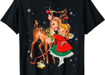 Vintage Pin Up Little Girl Reindeer Retro 1950s Christmas T-Shirt