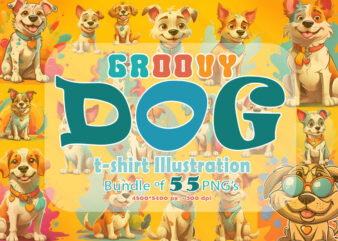 Delightful Groovy Style Dog Clipart Illustration Tshirt Design Bundle designed for POD Print on Demand websites