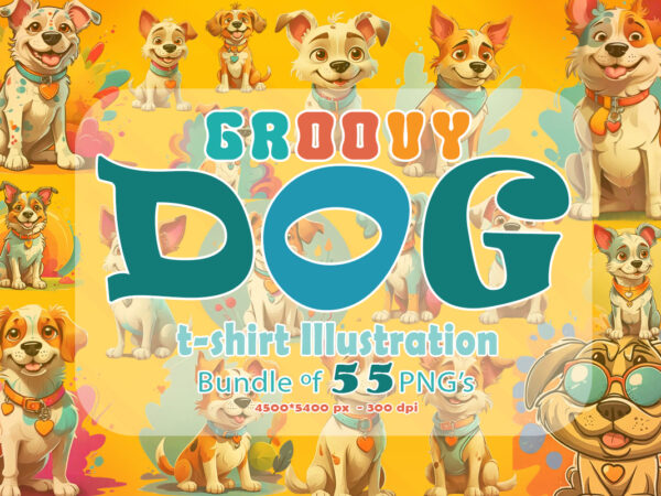 Delightful groovy style dog clipart illustration tshirt design bundle designed for pod print on demand websites
