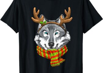 Wolf Christmas Reindeer Antlers Xmas Kids Boys Girls T-Shirt