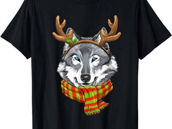 Wolf christmas reindeer antlers xmas kids boys girls t-shirt