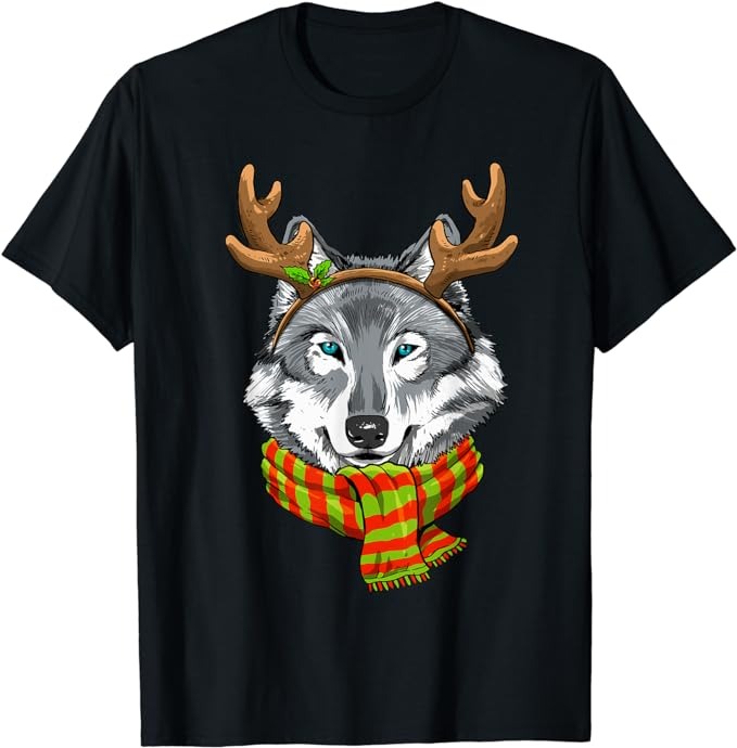 Wolf Christmas Reindeer Antlers Xmas Kids Boys Girls T-Shirt